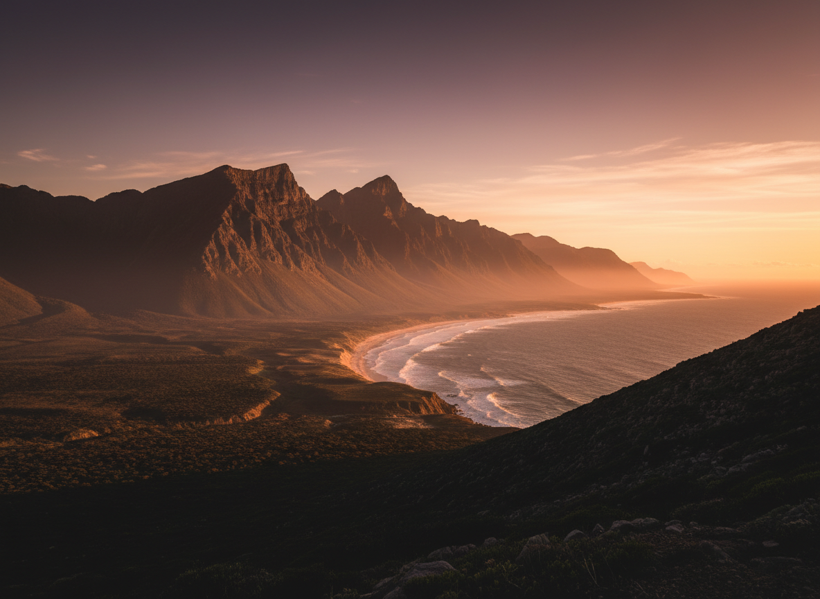 Cinematic moody travel landscape at golden hour, dramatic mountain range meeting a coastal horizon