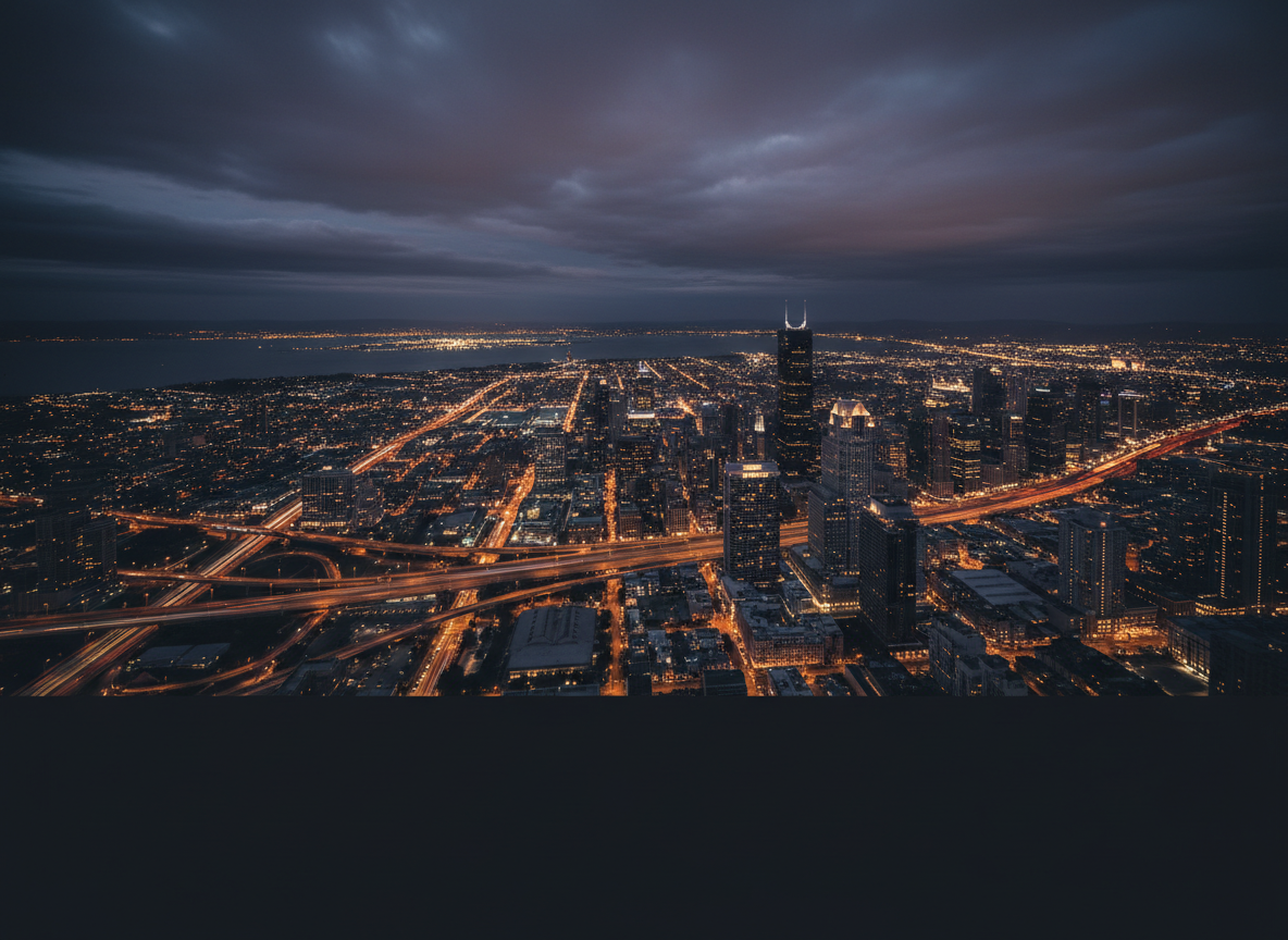 Moody nighttime cityscape with glowing warm city lights